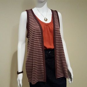 Faith & Passion Sleeveless Knit Cardigan Vest Brown Beige Stripe XL